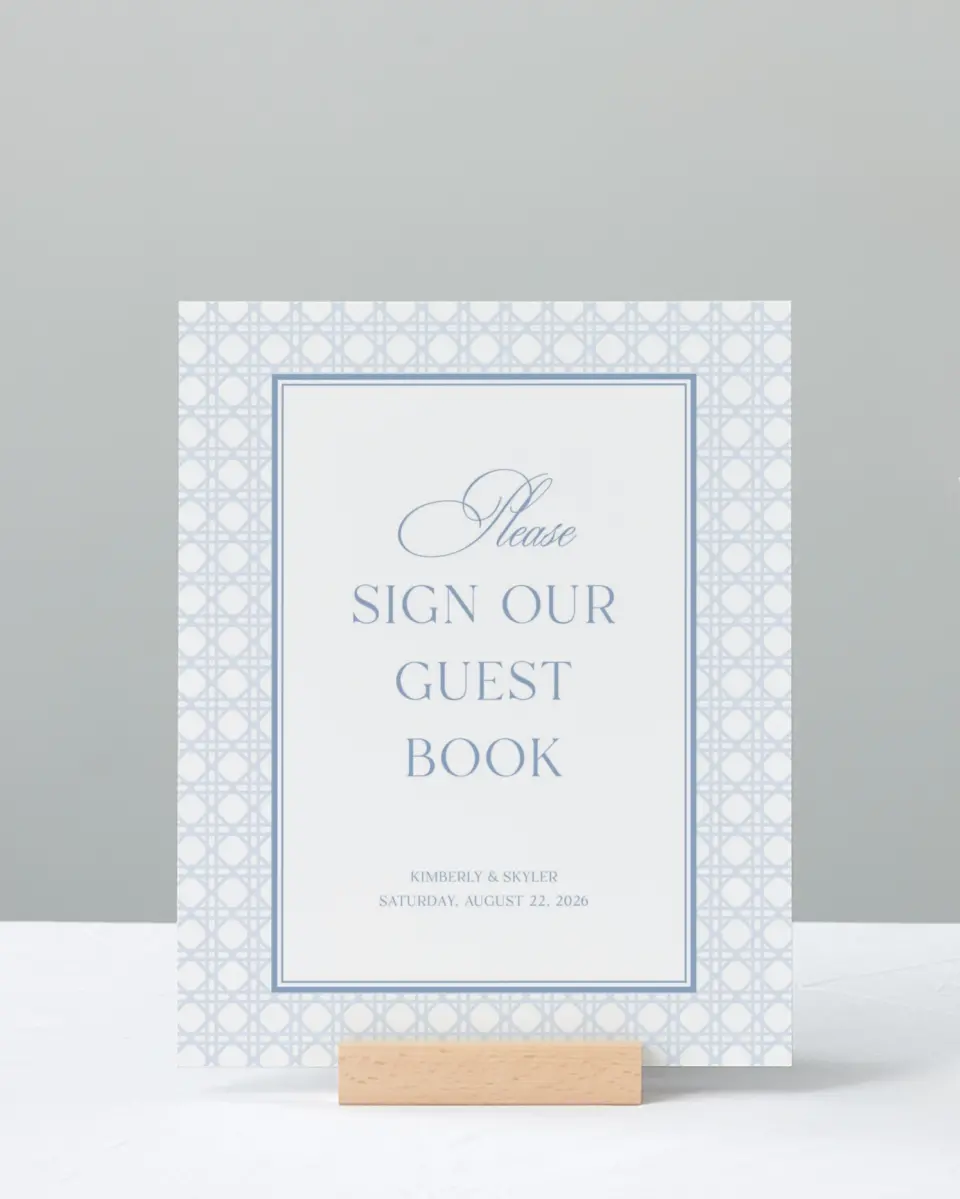 This is a 8" x 10" Guest Book Sign called Woven Serenity printed in full color with Gold foil