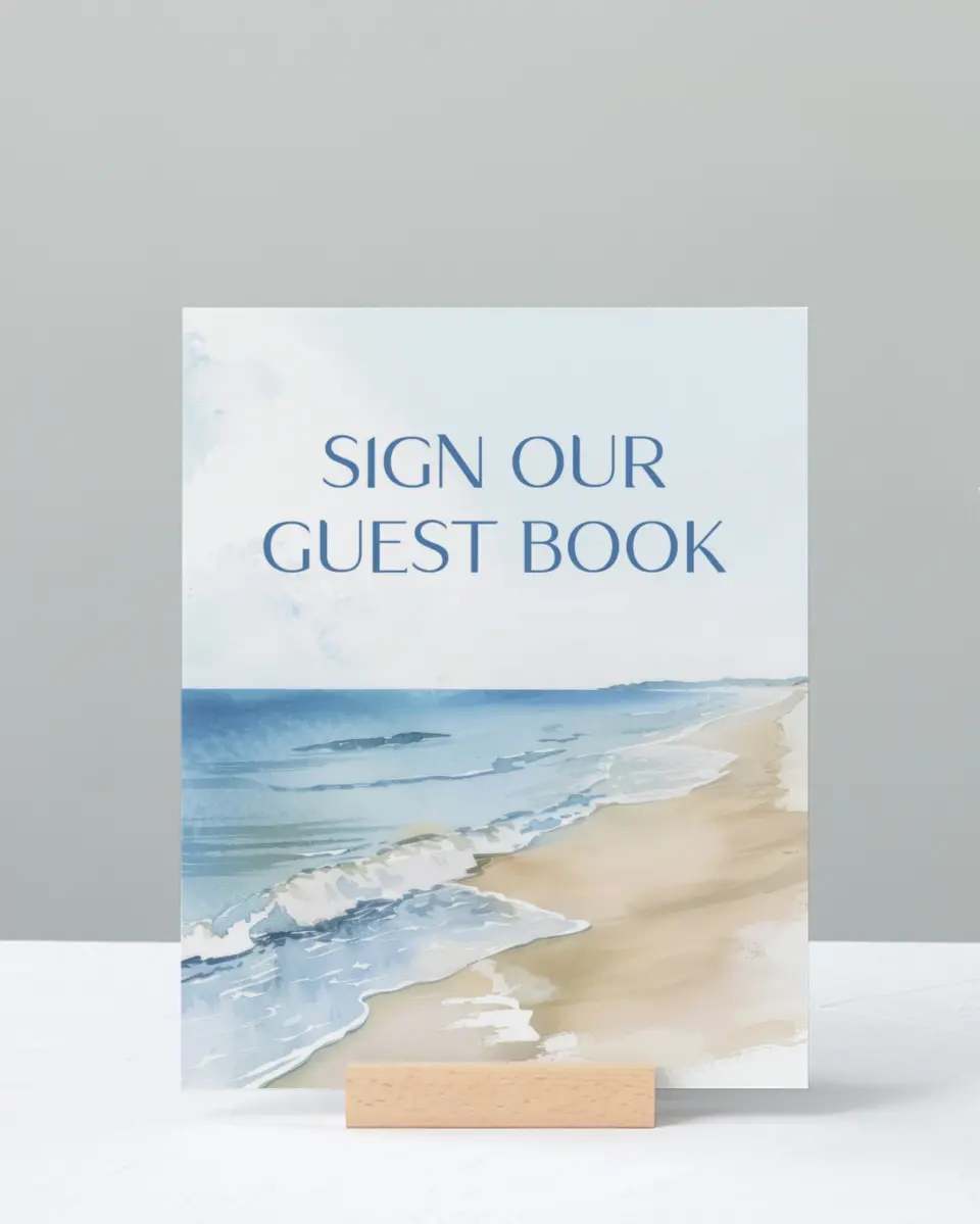 This is a 8" x 10" Guest Book Sign called Seaside Serenade printed in full color with Silver foil
