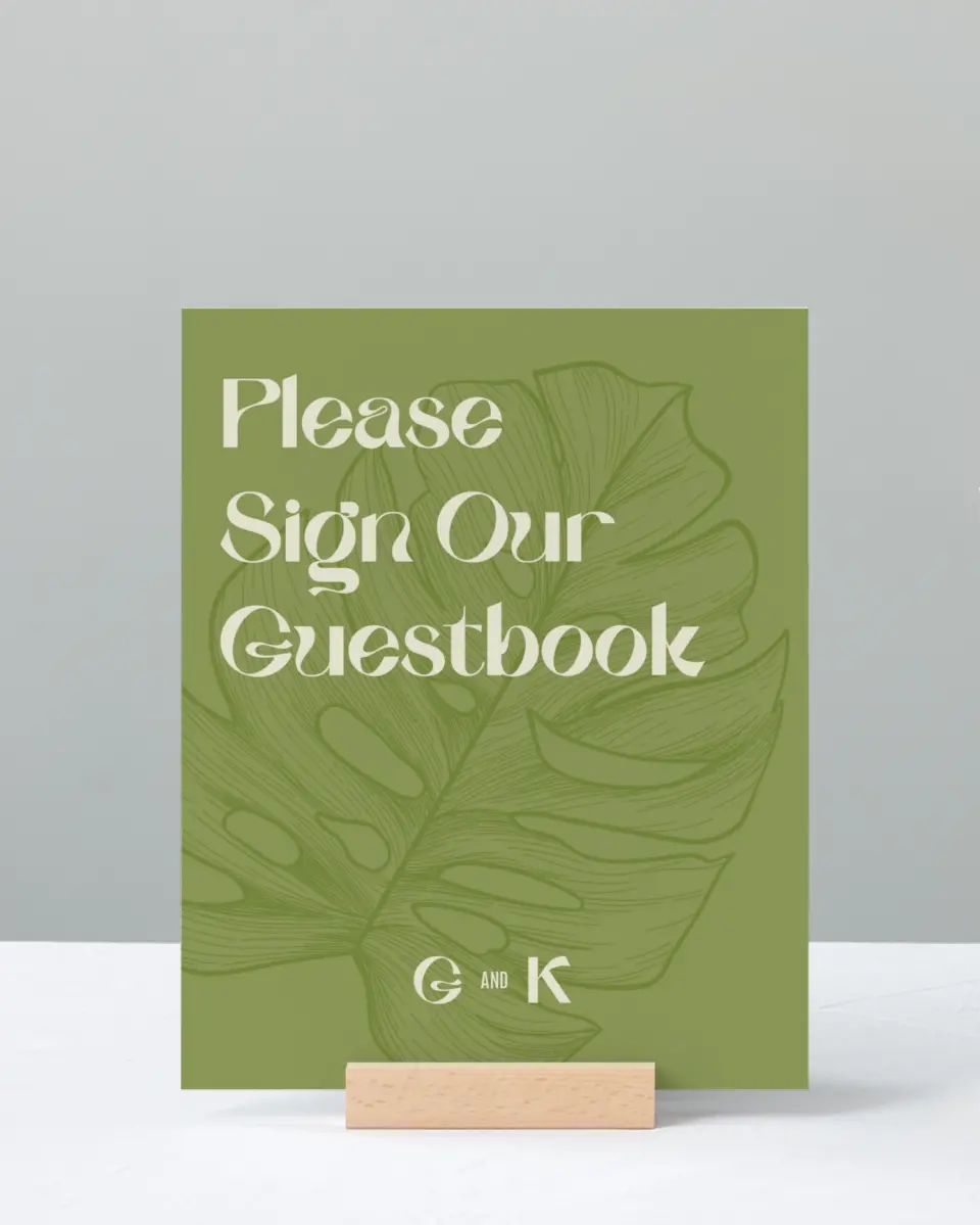 This is a 8" x 10" Guest Book Sign called Zephyr printed in full color with Gold foil