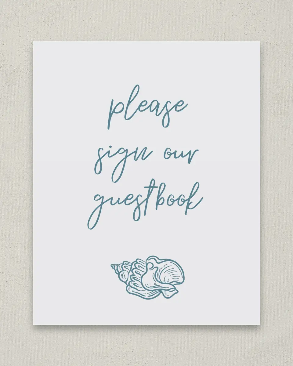 This is a 8" x 10" Guest Book Sign called I Hear Wedding Shells printed in full color