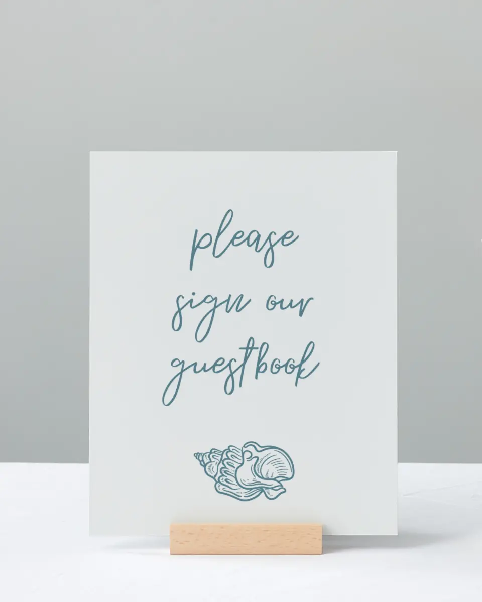 This is a 8" x 10" Guest Book Sign called I Hear Wedding Shells printed in full color