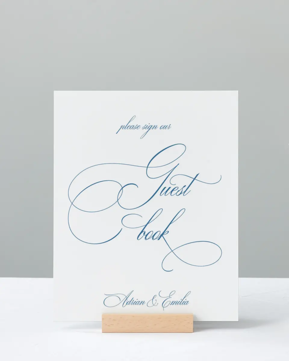 This is a 8" x 10" Guest Book Sign called Blue Toile Romance printed in full color with Silver foil