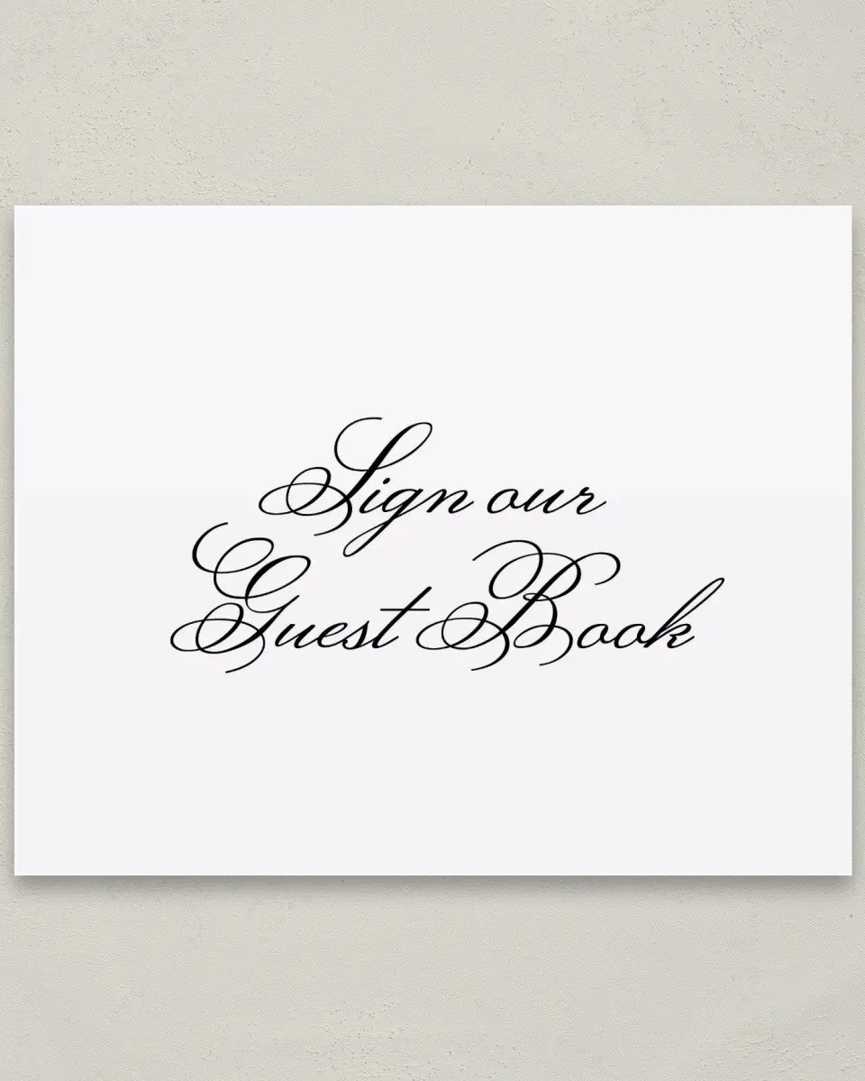 This is a 8" x 10" Guest Book Sign called Formal Script printed in full color