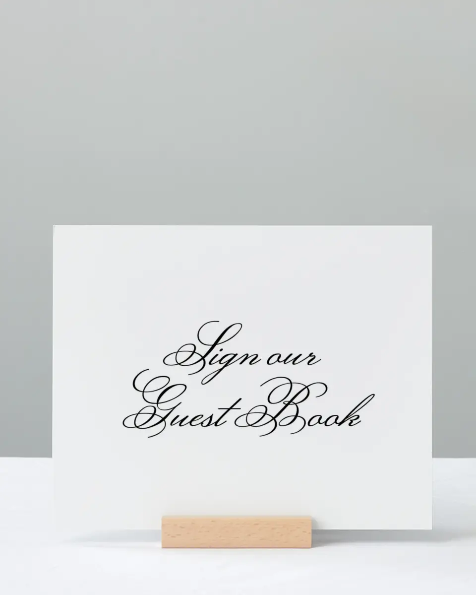 This is a 8" x 10" Guest Book Sign called Formal Script printed in full color with Silver foil