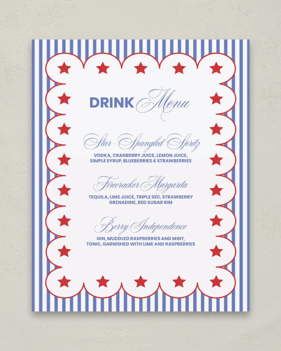 This is a 8" x 10" Bachelorette Party Thank You Card called Red, Bride, and Blue printed in full color with Silver foil