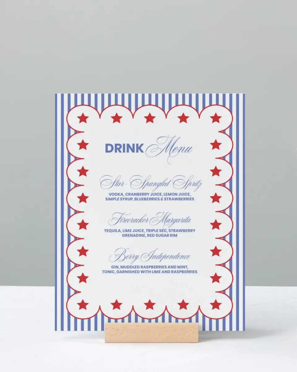 This is a 8" x 10" Bachelorette Party Thank You Card called Red, Bride, and Blue printed in full color