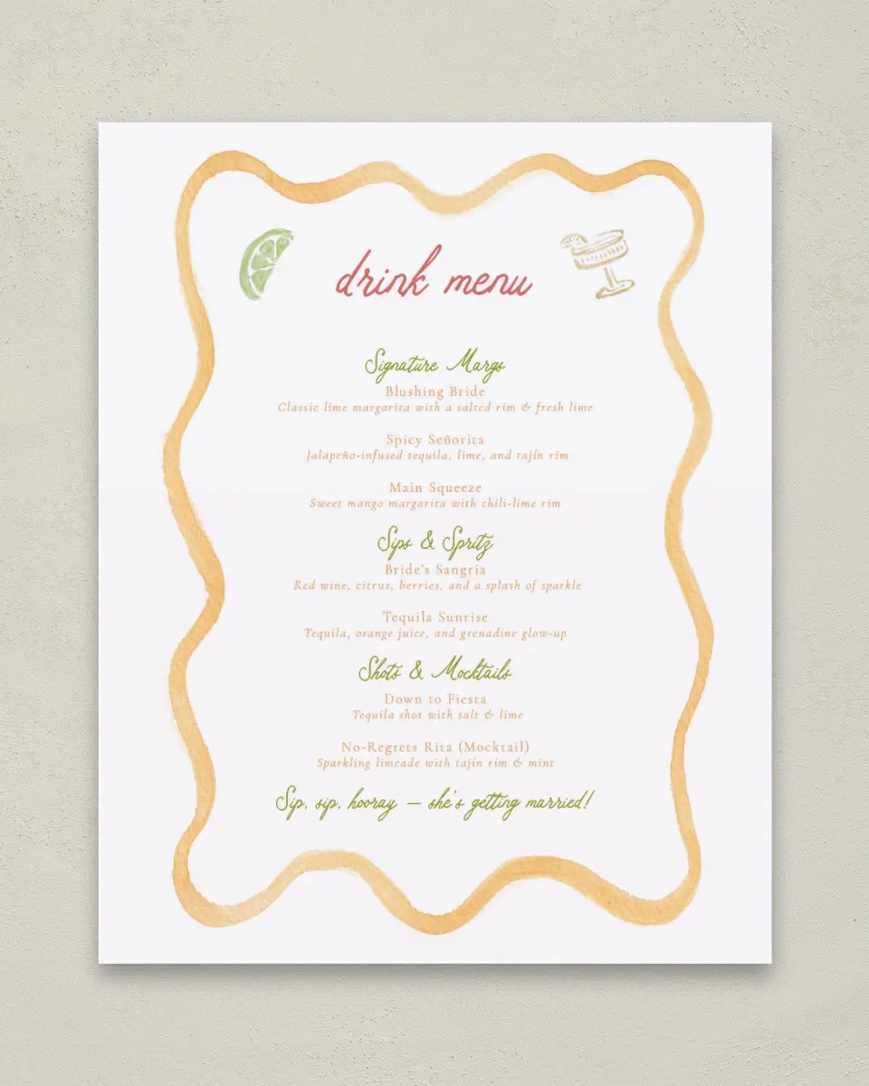 This is a 8" x 10" Bachelorette Party Thank You Card called Bride's Last Fiesta printed in full color