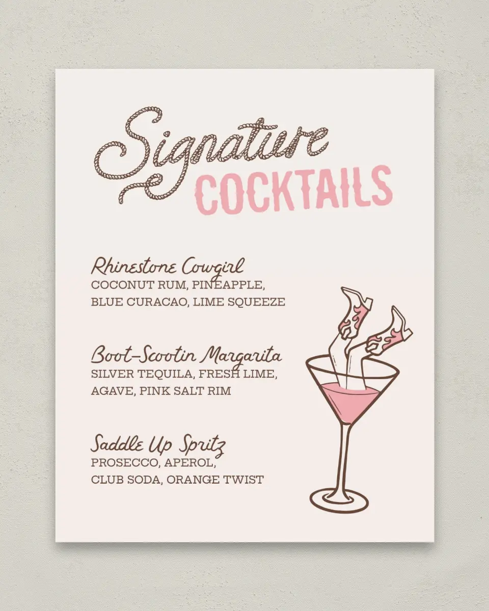 This is a 8" x 10" Bachelorette Party Thank You Card called Cowgirls & Cocktails printed in full color