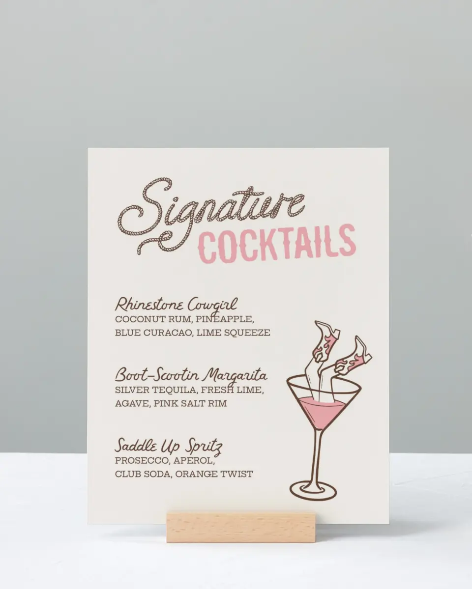 This is a 8" x 10" Bachelorette Party Thank You Card called Cowgirls & Cocktails printed in full color