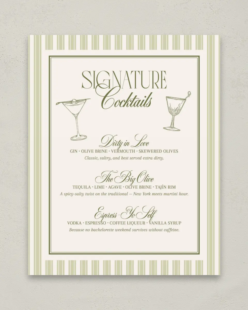 This is a 8" x 10" Bachelorette Party Thank You Card called In a Tini Bit printed in full color