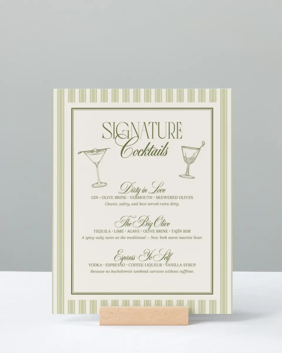 This is a 8" x 10" Bachelorette Party Thank You Card called In a Tini Bit printed in full color with Silver foil