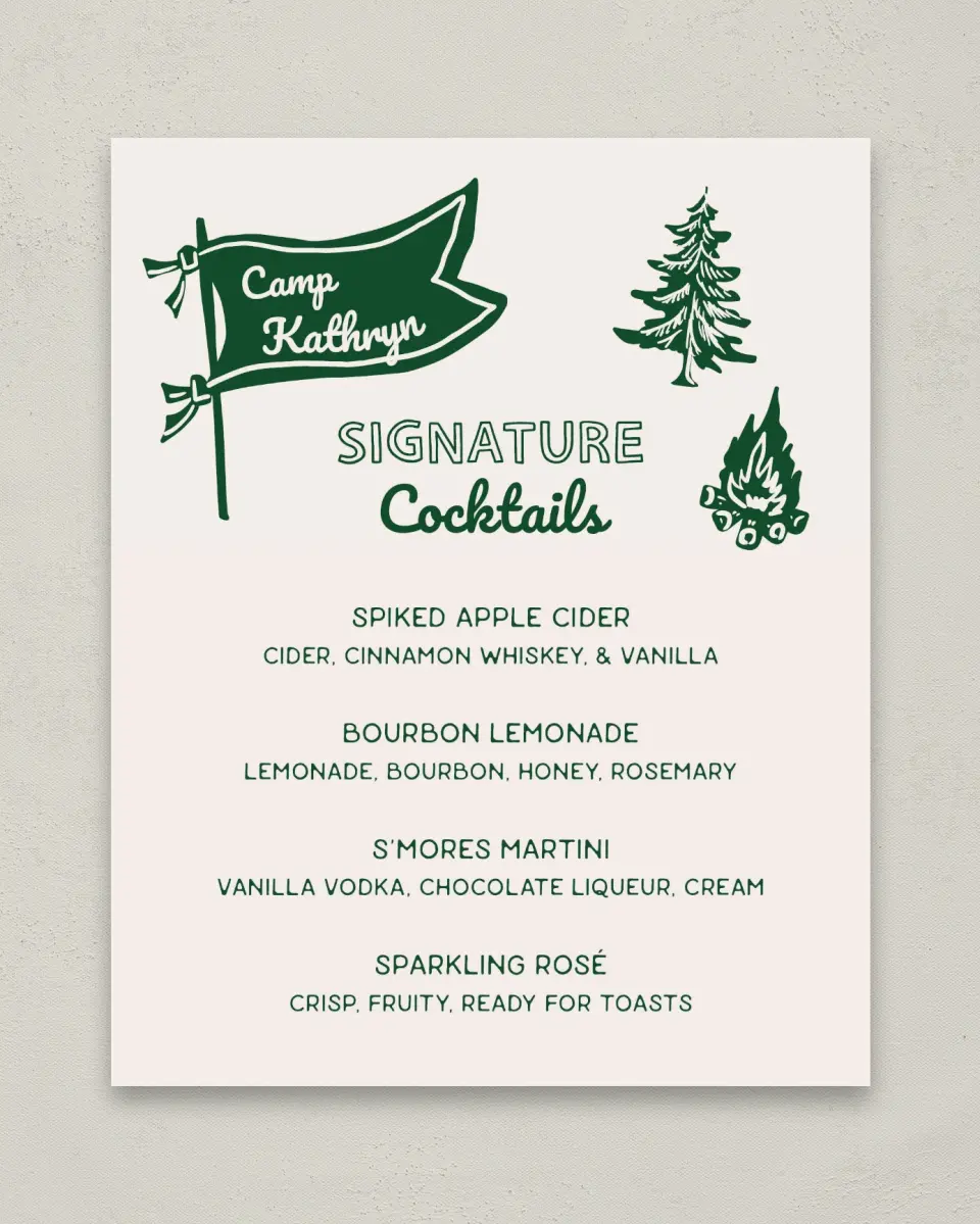 This is a 8" x 10" Bachelorette Party Thank You Card called Camp Bach printed in full color