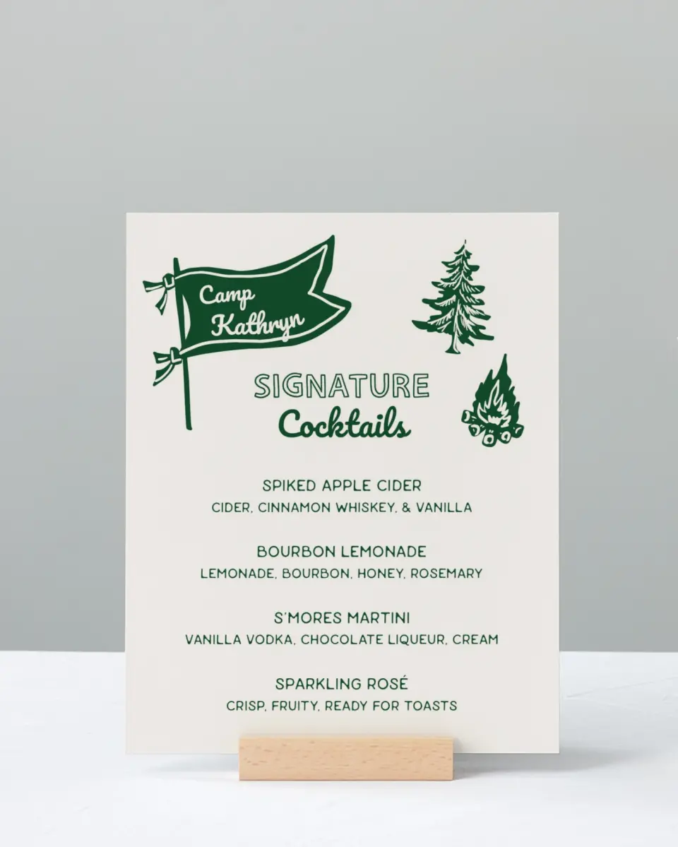 This is a 8" x 10" Bachelorette Party Thank You Card called Camp Bach printed in full color with Silver foil