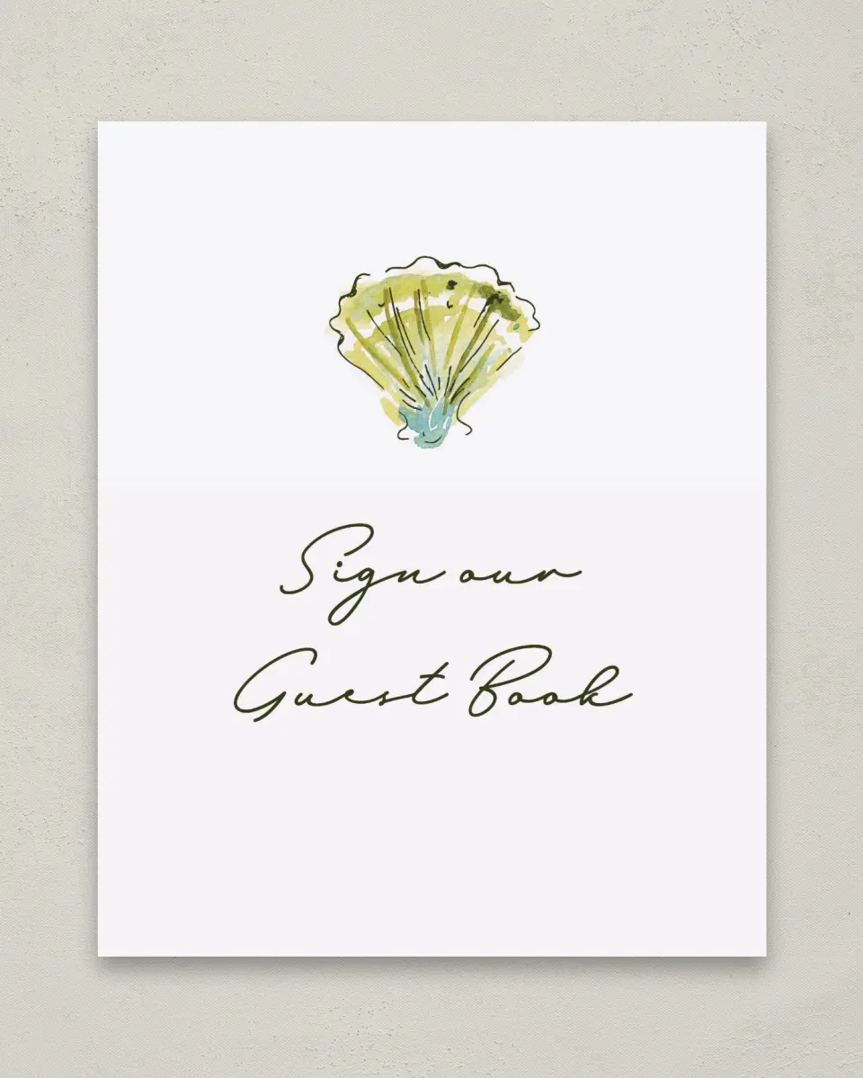 This is a 8" x 10" Guest Book Sign called Whimsical Shells printed in full color