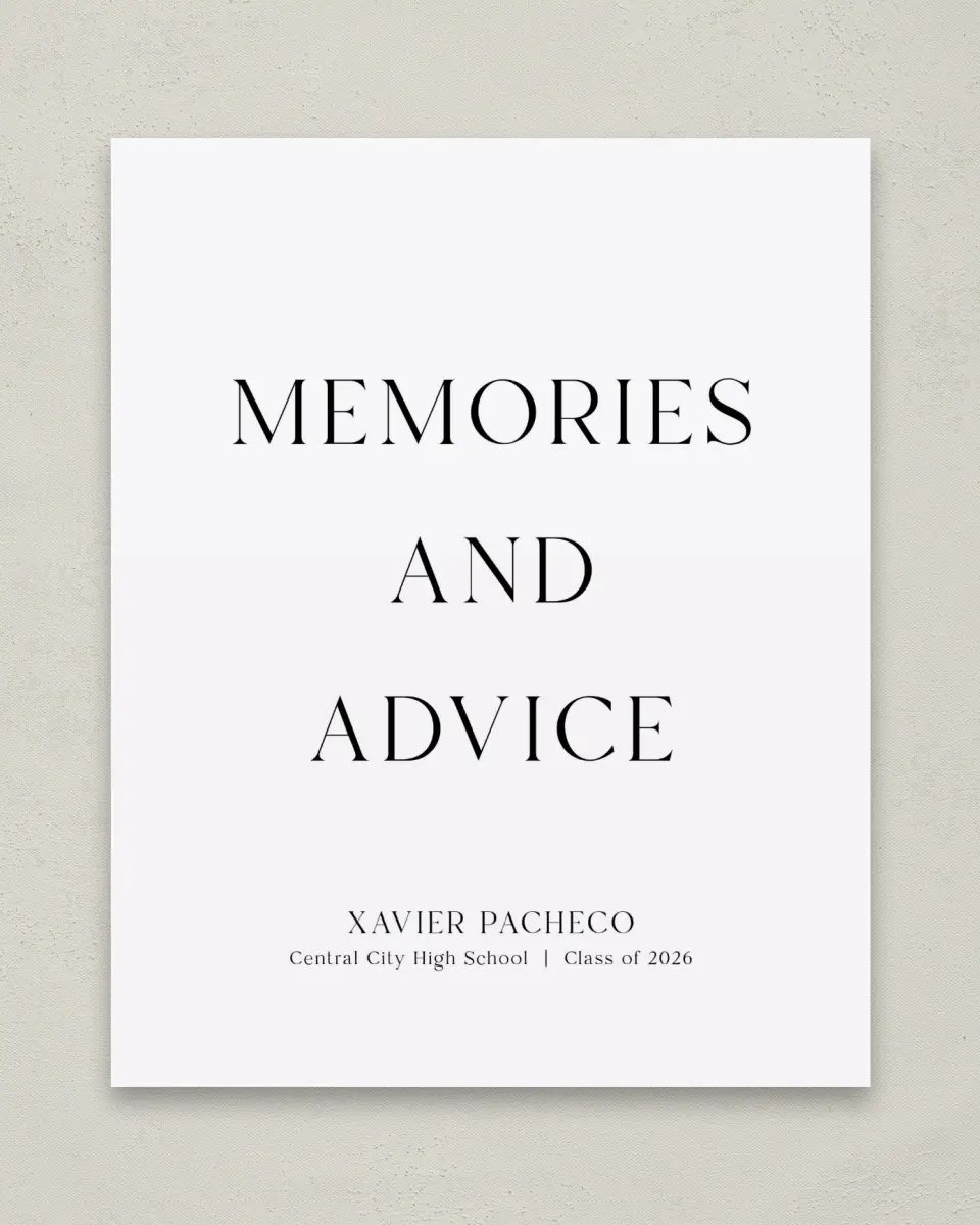 This is a 8" x 10" Memory & Advice Grad Sign called Senior Spread printed in full color with Gold foil