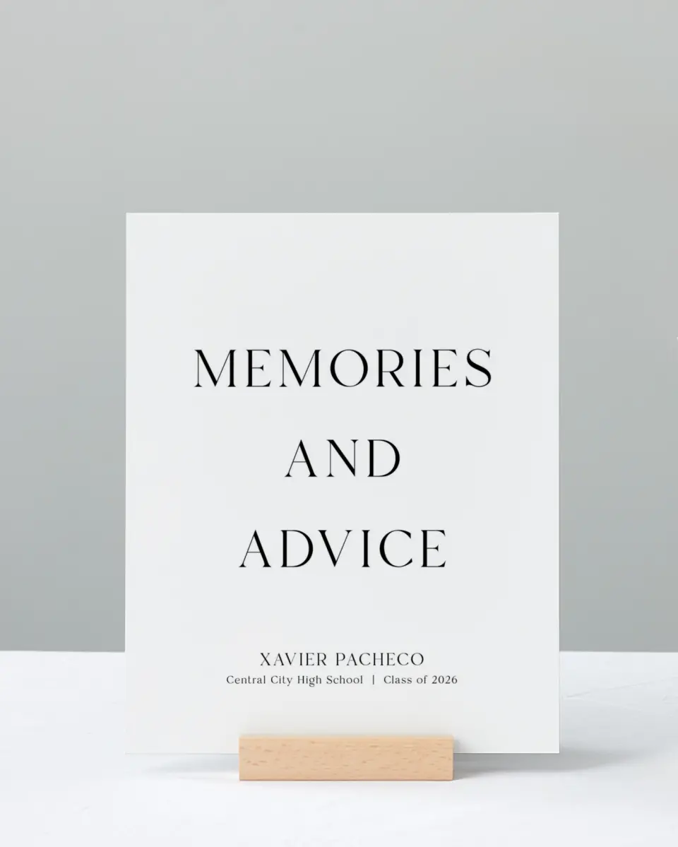 This is a 8" x 10" Memory & Advice Grad Sign called Senior Spread printed in full color with Rose Gold foil