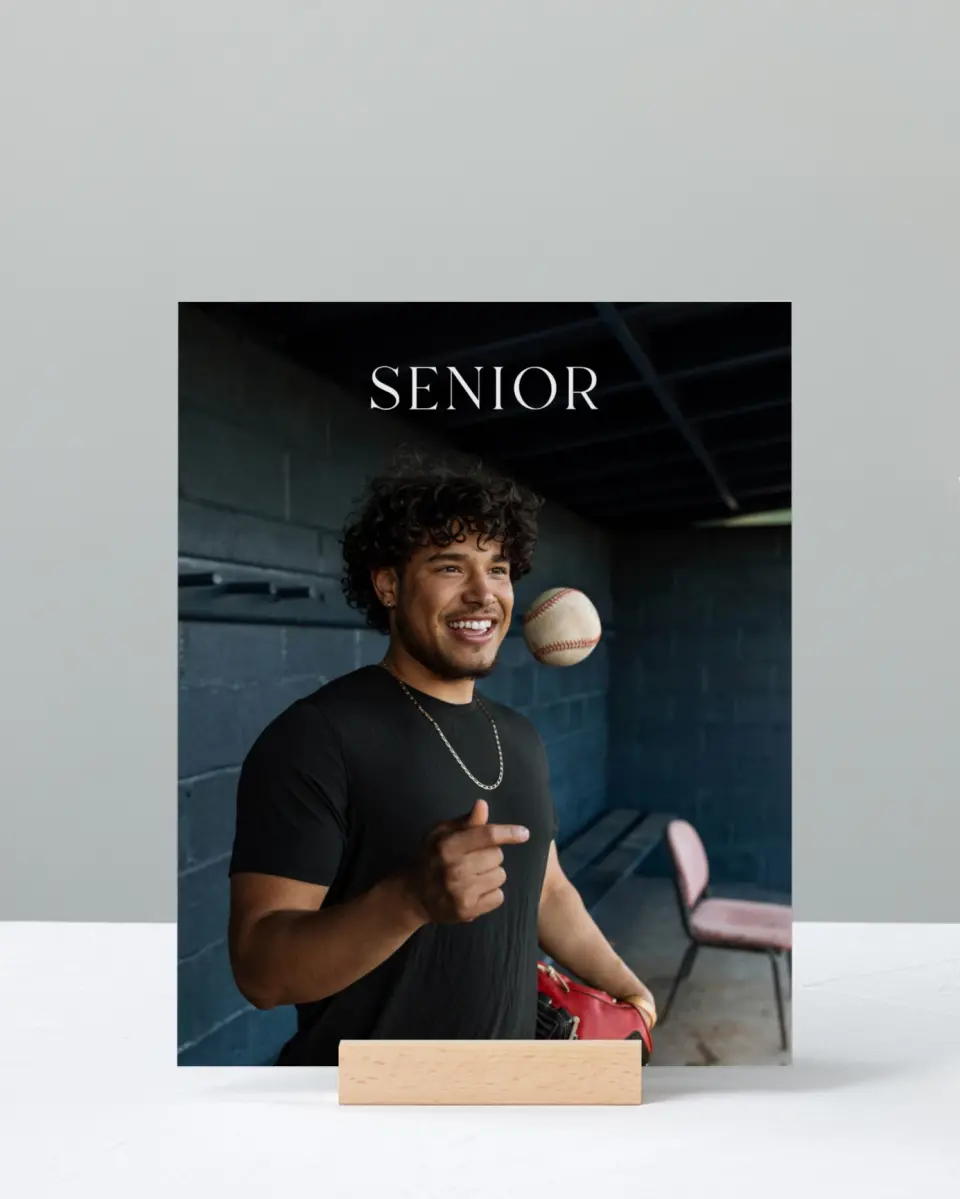 This is a 8" x 10" Photo Grad Sign called Senior Spread printed in full color with Rose Gold foil