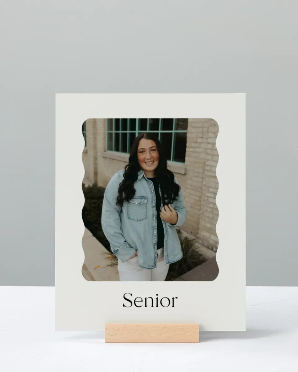 This is a 8" x 10" Photo Grad Sign called Effortless Edge printed in full color with Rose Gold foil