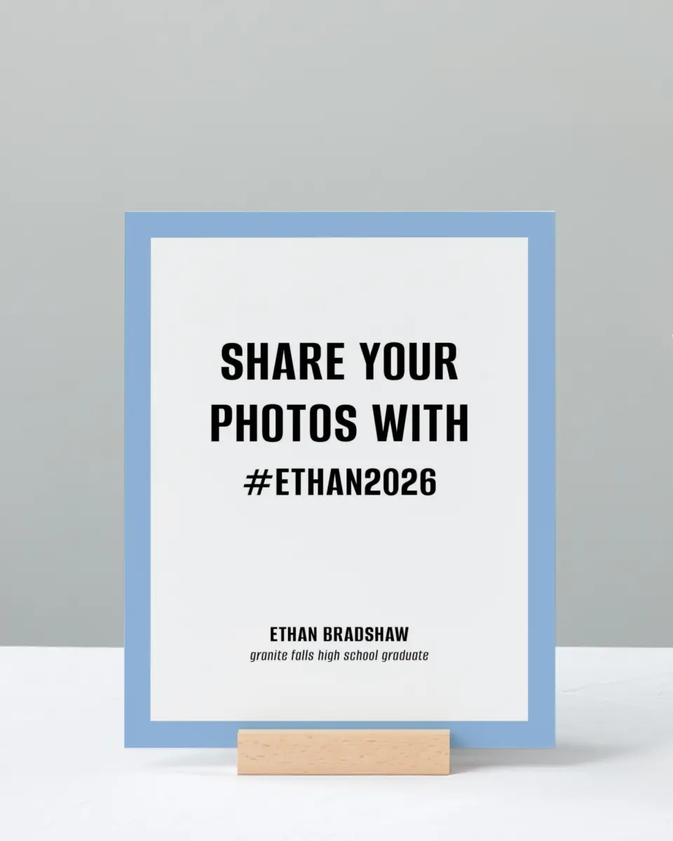 This is a 8" x 10" Let's Celebrate & Snap a Photo Grad Sign called Clean Cut printed in full color