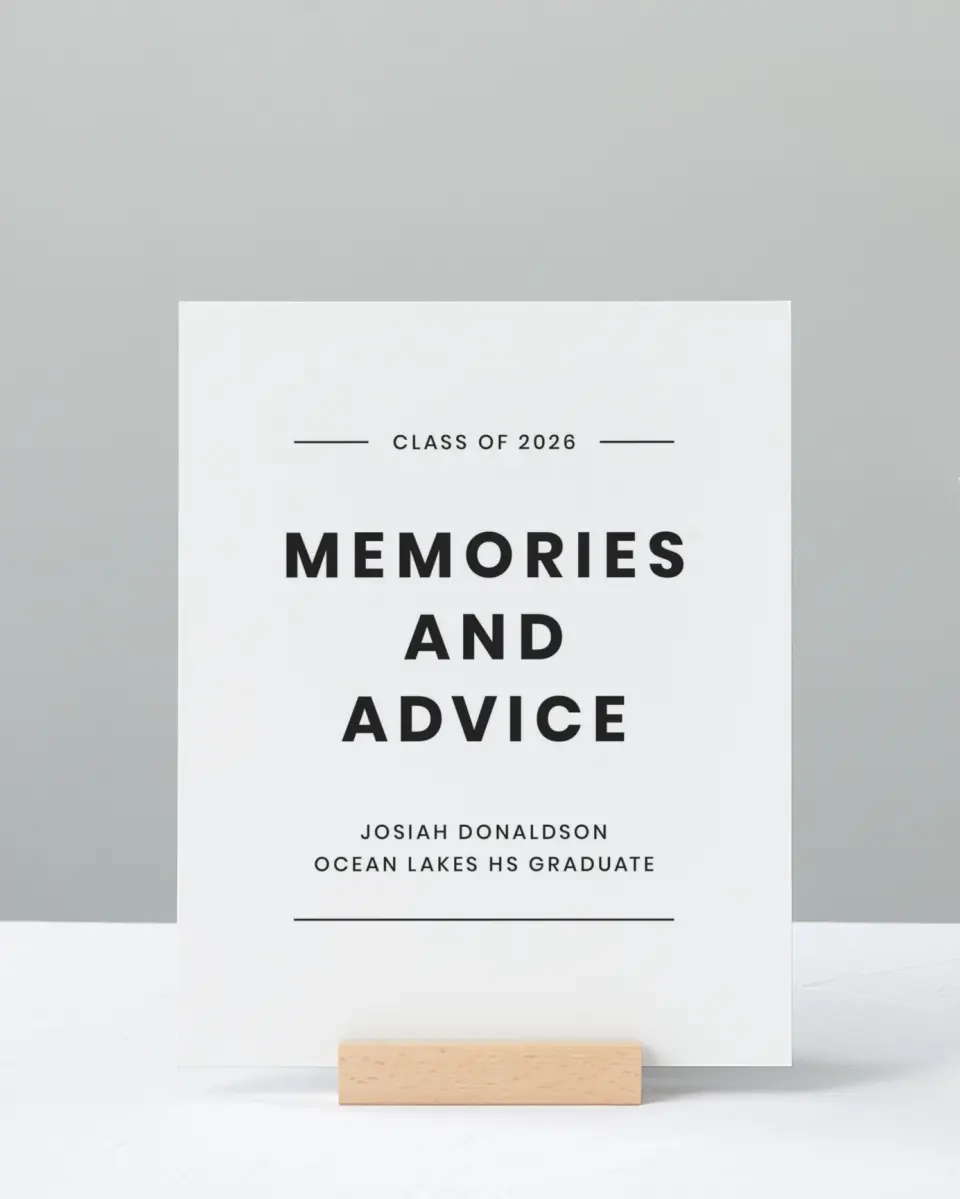 This is a 8" x 10" Memory & Advice Grad Sign called Simple Stroll printed in full color with Rose Gold foil