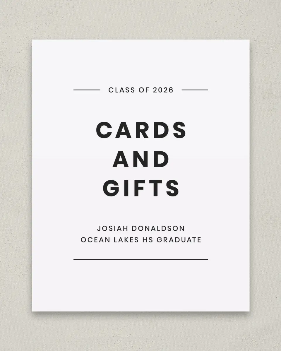 This is a 8" x 10" Cards & Gifts Grad Sign called Simple Stroll printed in full color