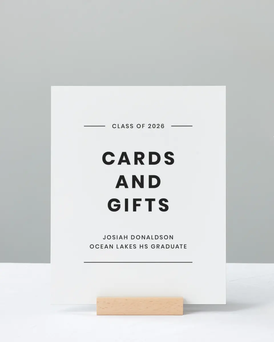 This is a 8" x 10" Cards & Gifts Grad Sign called Simple Stroll printed in full color with Rose Gold foil
