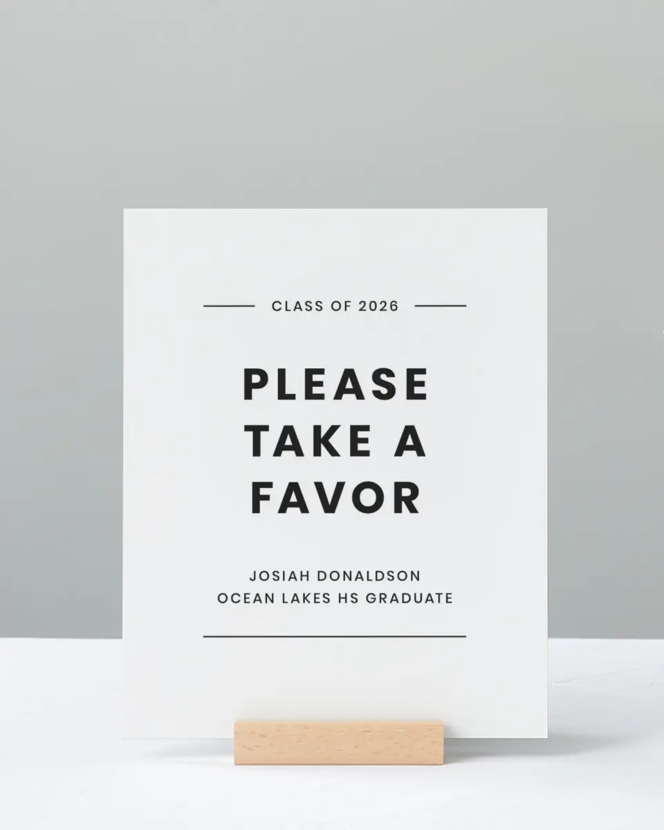 This is a 8" x 10" Take a Favor Grad Sign called Simple Stroll printed in full color with Silver foil