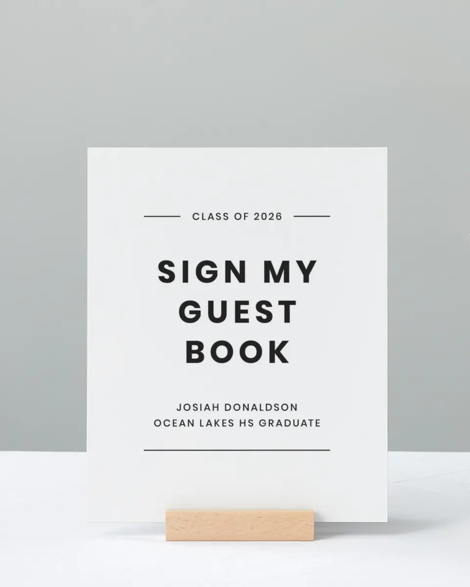This is a 8" x 10" Guestbook Grad Sign called Simple Stroll printed in full color with Silver foil