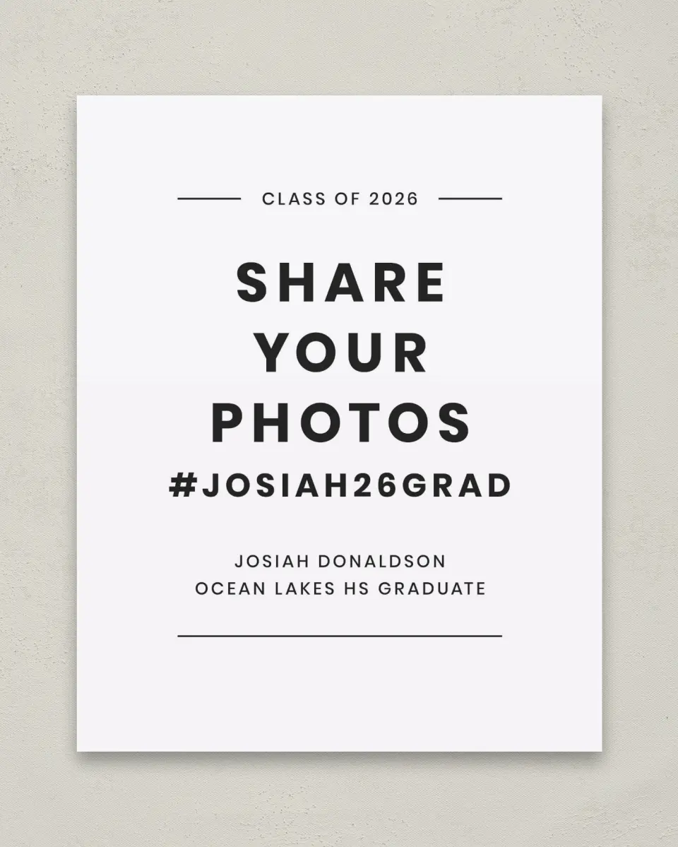This is a 8" x 10" Let's Celebrate & Snap a Photo Grad Sign called Simple Stroll printed in full color