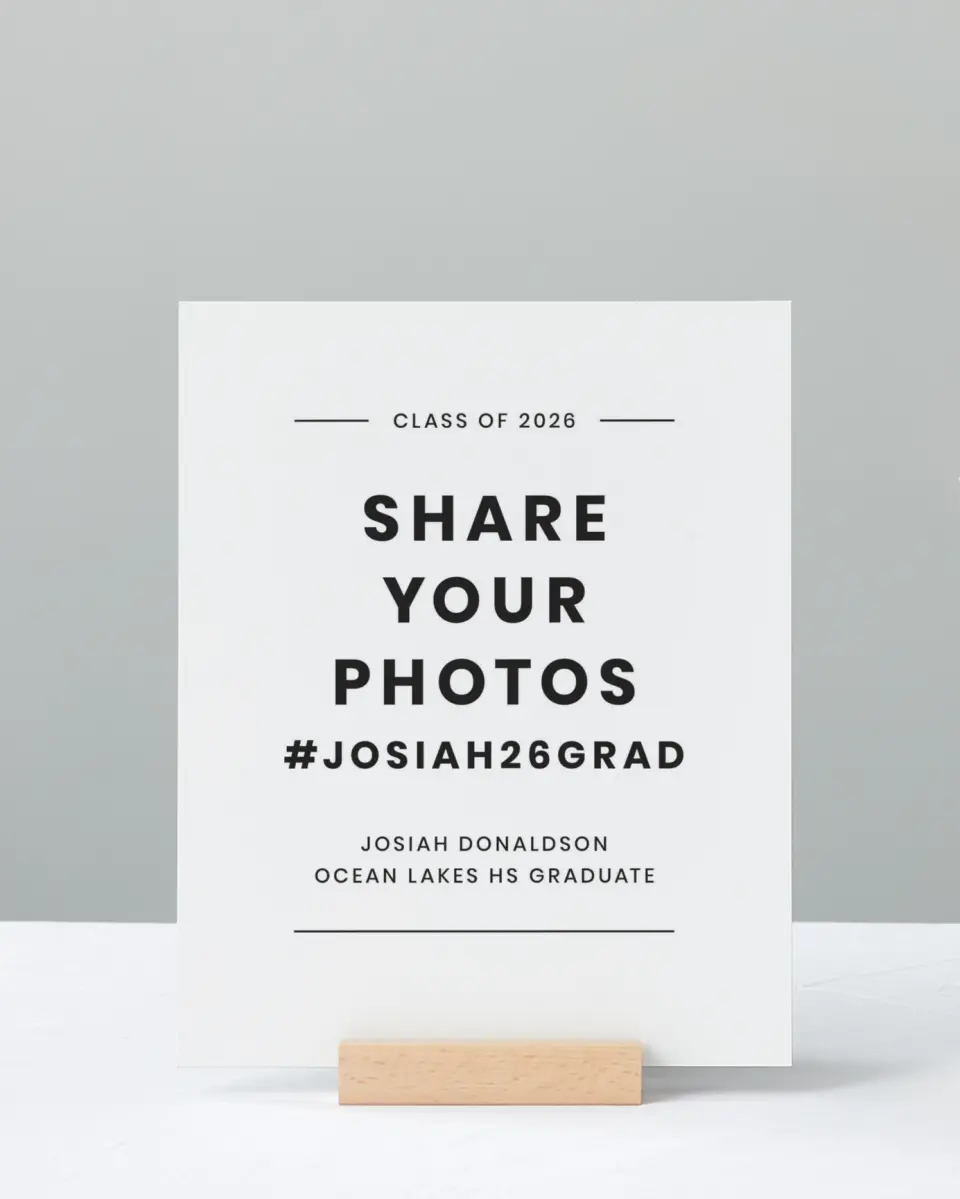 This is a 8" x 10" Let's Celebrate & Snap a Photo Grad Sign called Simple Stroll printed in full color with Rose Gold foil