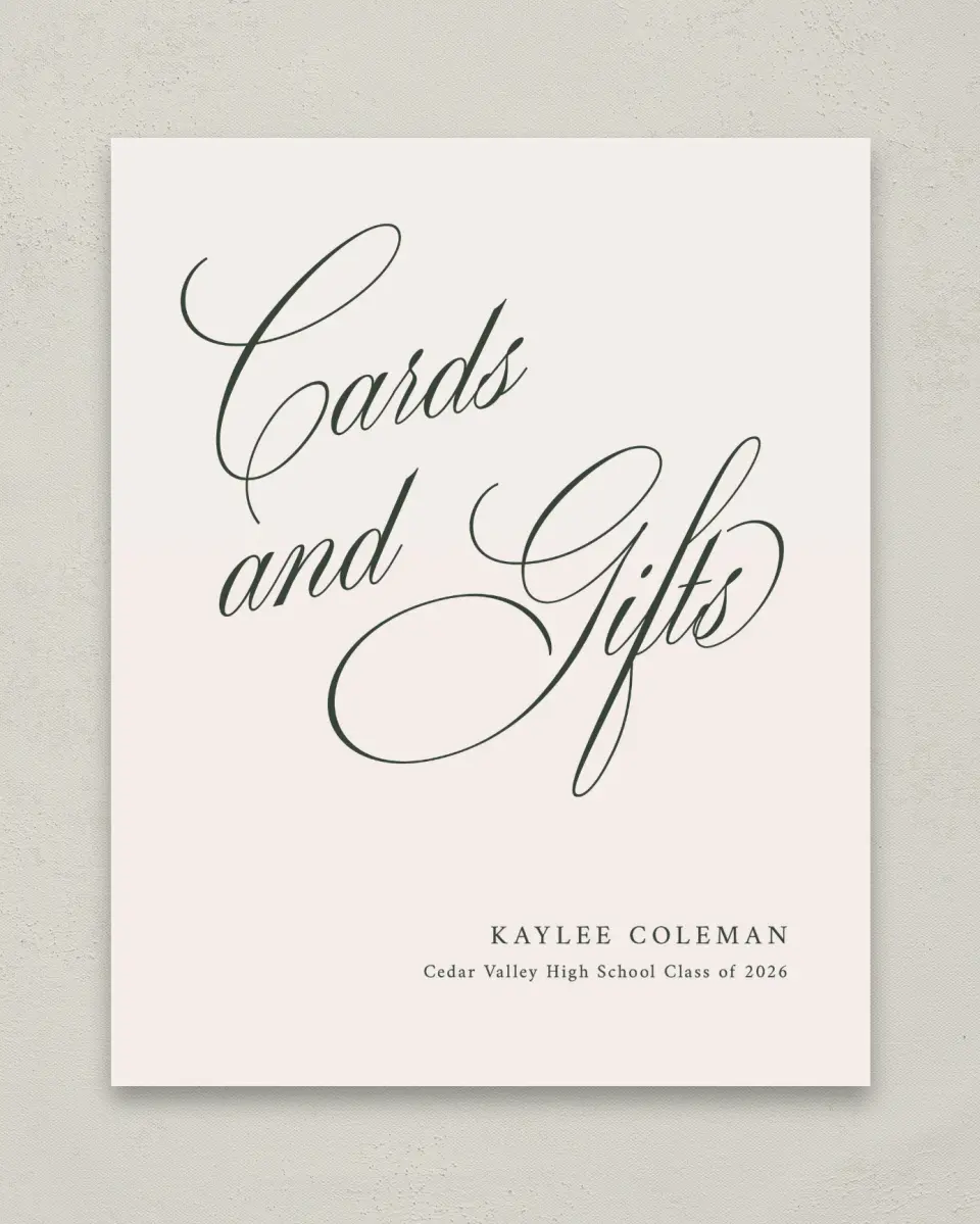 This is a 8" x 10" Cards & Gifts Grad Sign called Grand Flourish printed in full color