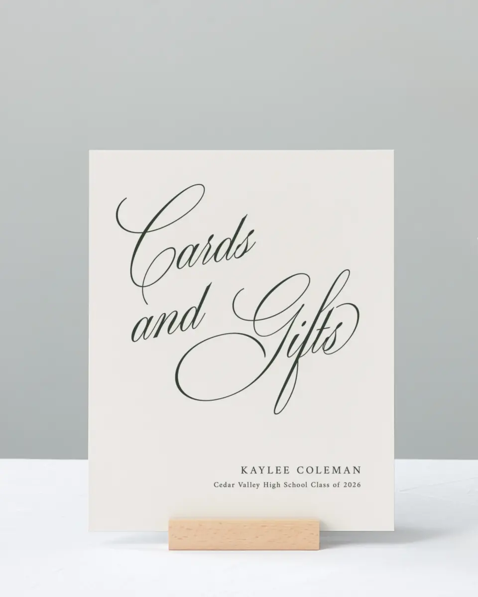 This is a 8" x 10" Cards & Gifts Grad Sign called Grand Flourish printed in full color