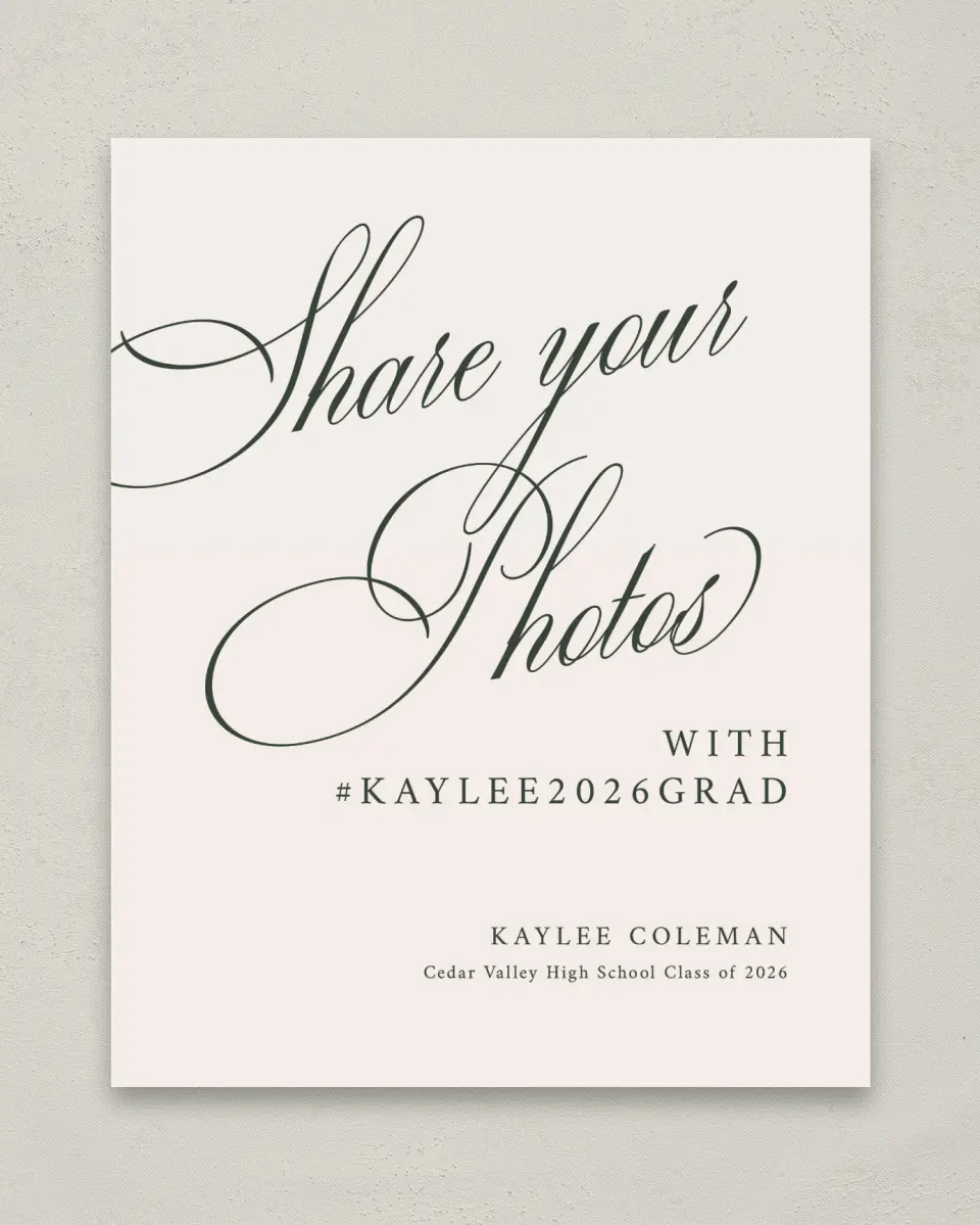 This is a 8" x 10" Let's Celebrate & Snap a Photo Grad Sign called Grand Flourish printed in full color