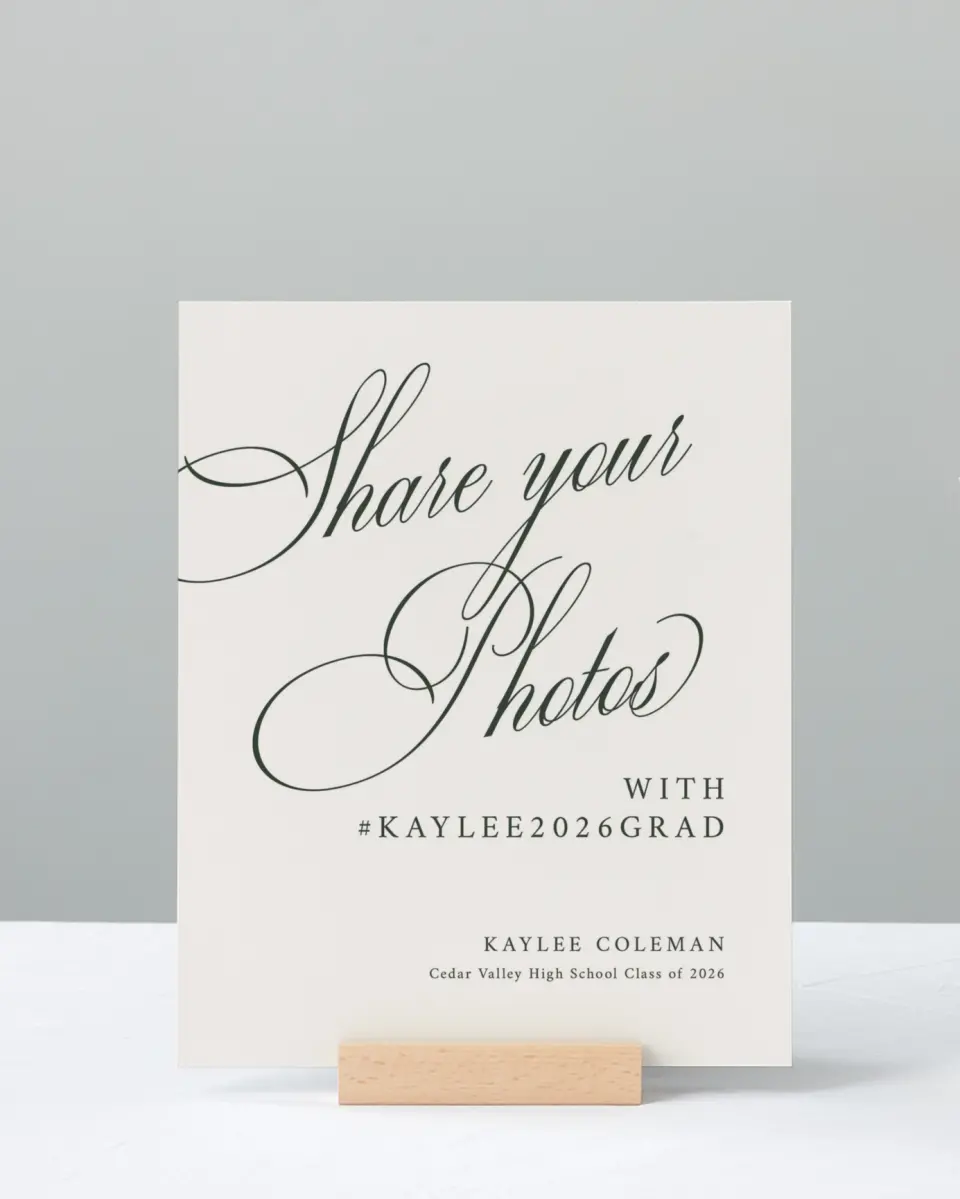 This is a 8" x 10" Let's Celebrate & Snap a Photo Grad Sign called Grand Flourish printed in full color