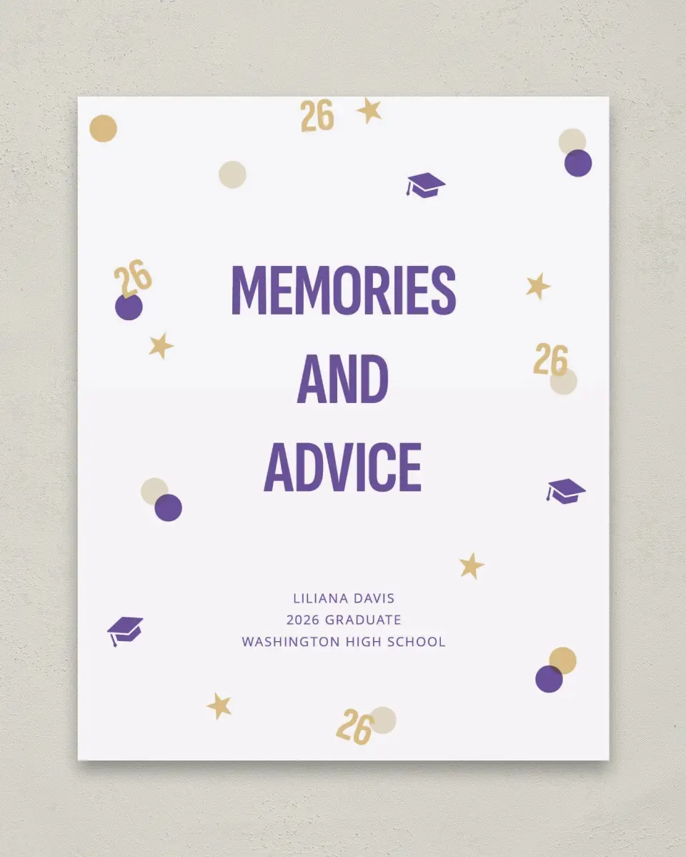 This is a 8" x 10" Memory & Advice Grad Sign called Confetti Toss printed in full color with Gold foil
