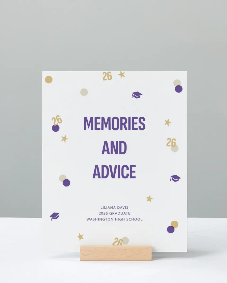This is a 8" x 10" Memory & Advice Grad Sign called Confetti Toss printed in full color with Gold foil