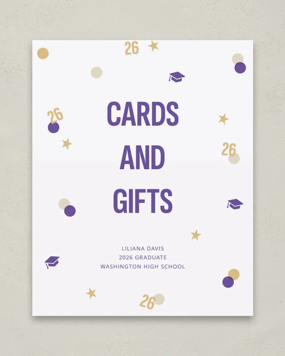 This is a 8" x 10" Cards & Gifts Grad Sign called Confetti Toss printed in full color with Gold foil