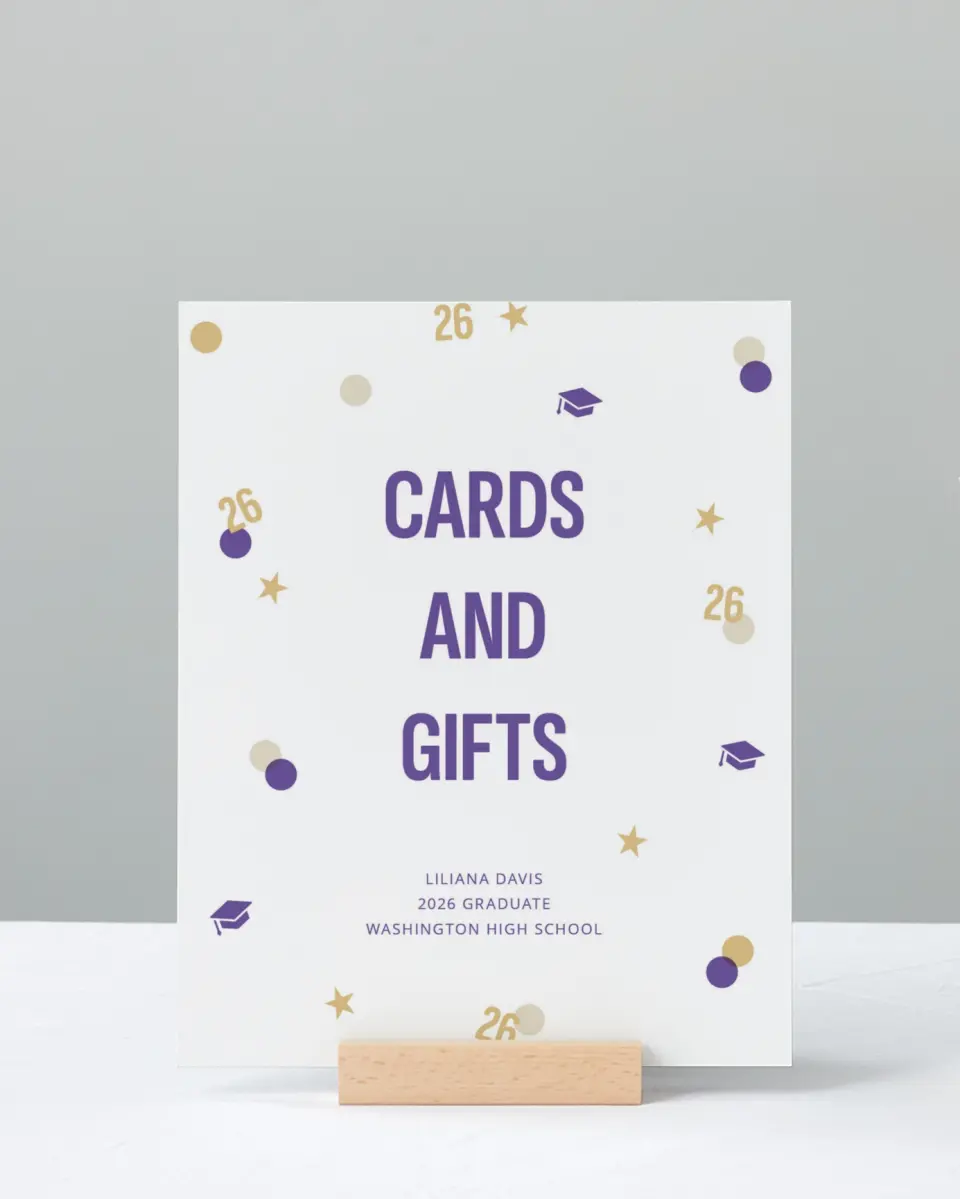 This is a 8" x 10" Cards & Gifts Grad Sign called Confetti Toss printed in full color with Gold foil