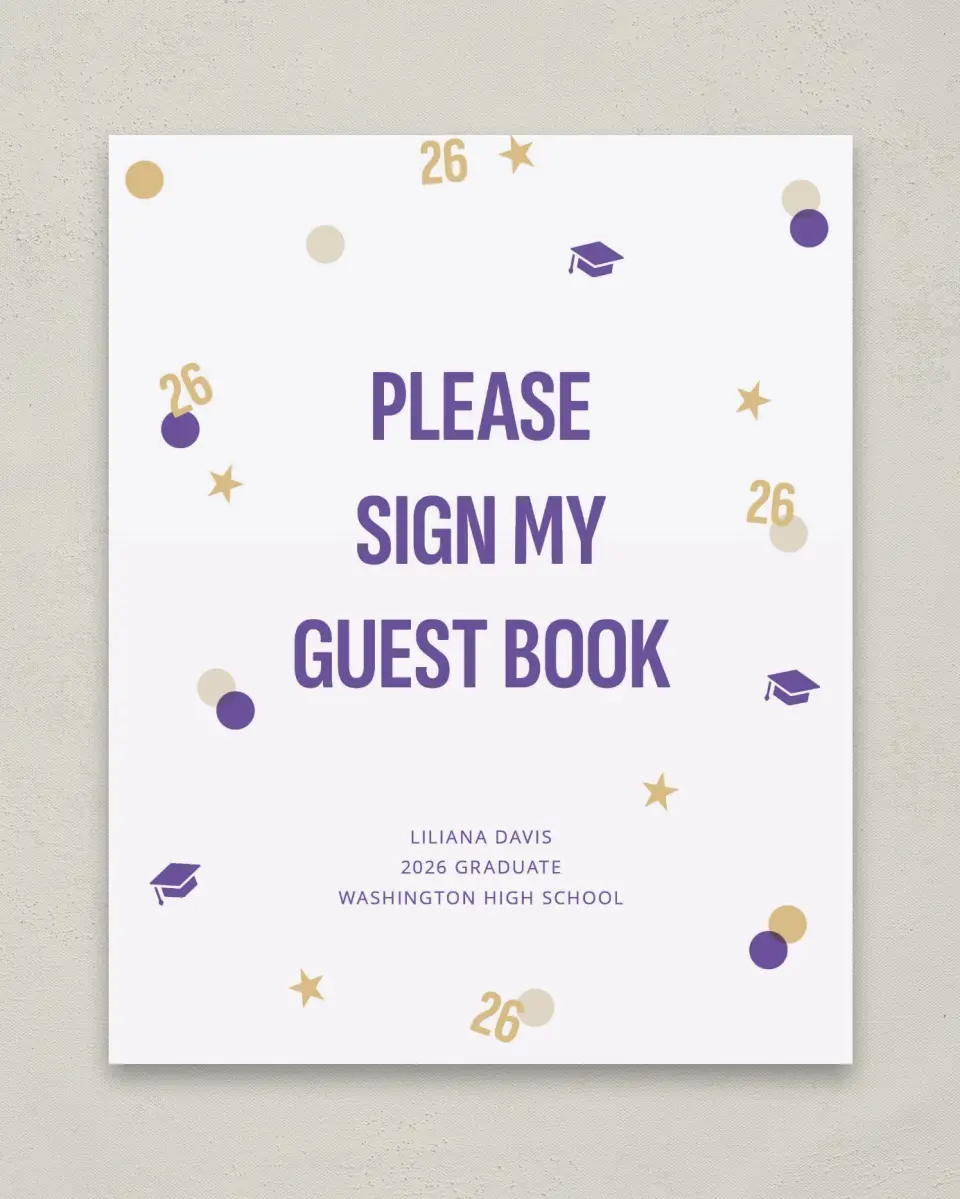This is a 8" x 10" Guestbook Grad Sign called Confetti Toss printed in full color with Gold foil