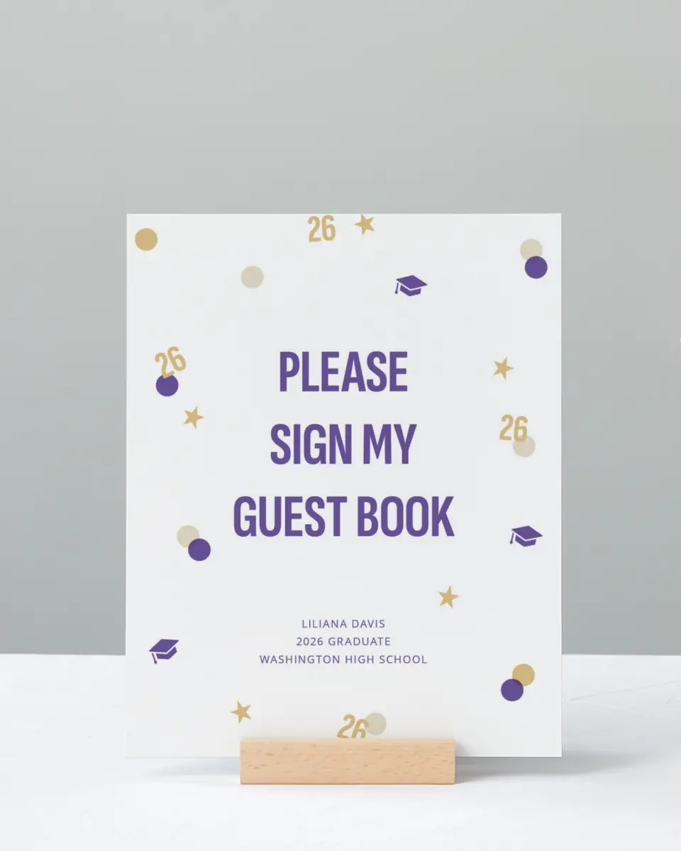 This is a 8" x 10" Guestbook Grad Sign called Confetti Toss printed in full color with Gold foil