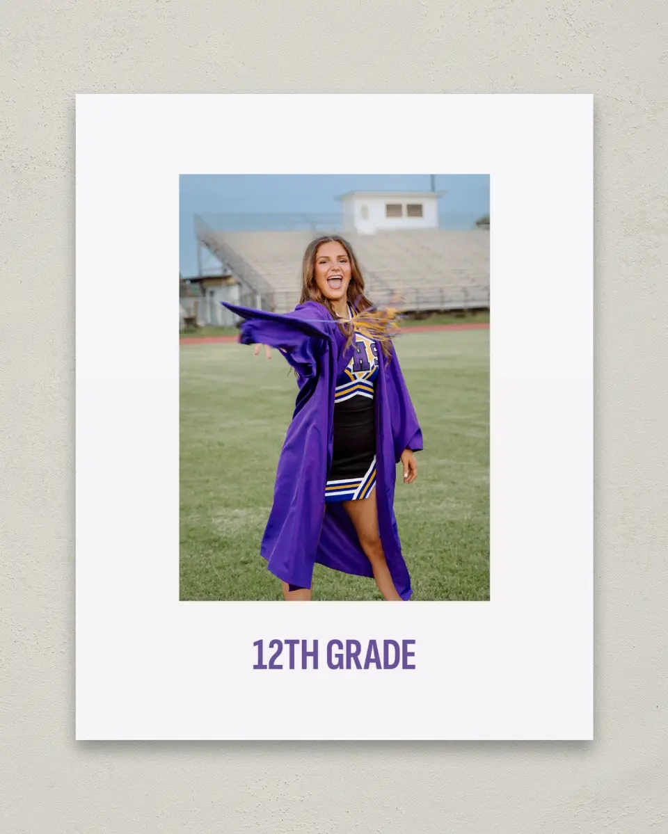 This is a 8" x 10" Photo Grad Sign called Confetti Toss printed in full color with Gold foil