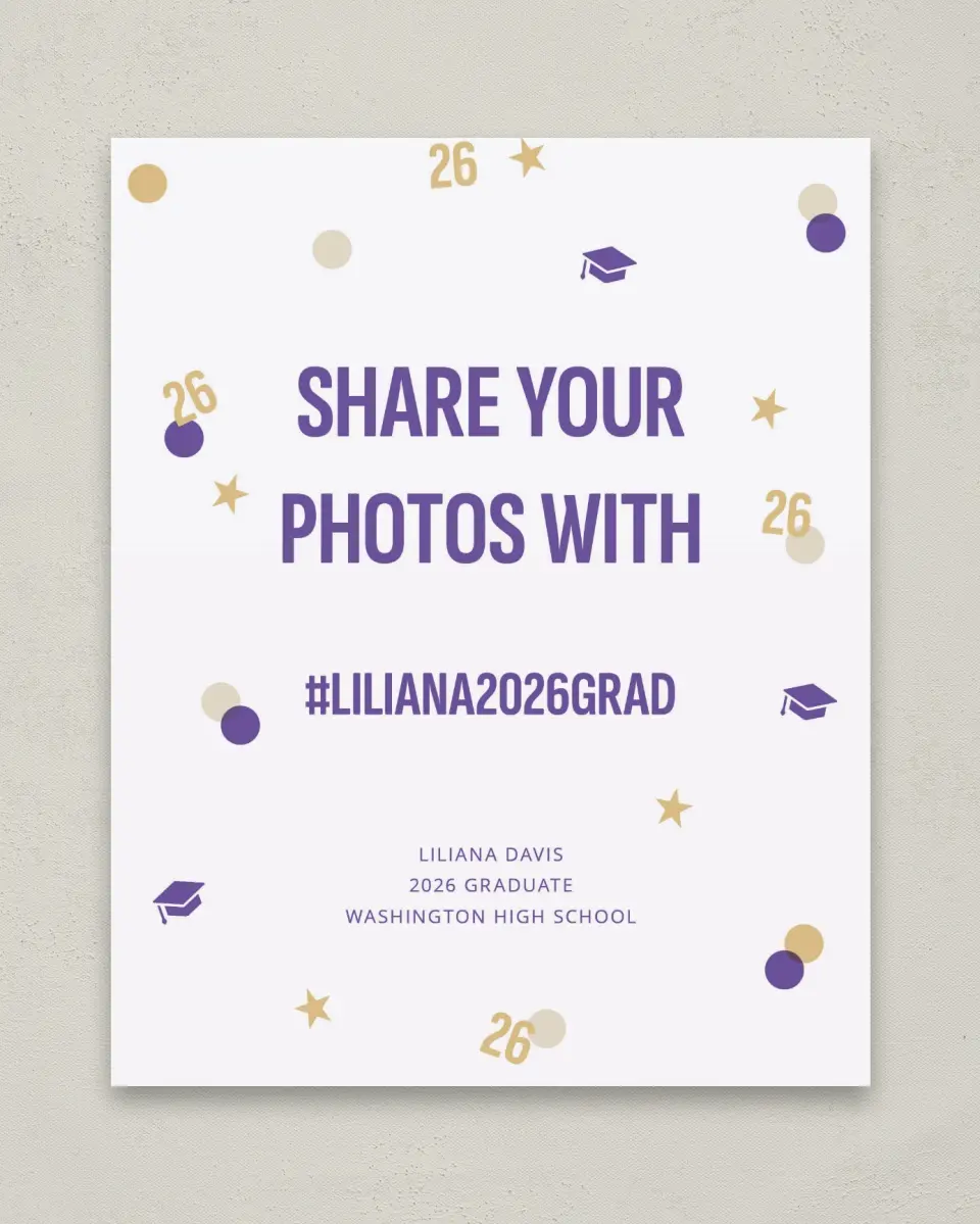 This is a 8" x 10" Let's Celebrate & Snap a Photo Grad Sign called Confetti Toss printed in full color with Gold foil
