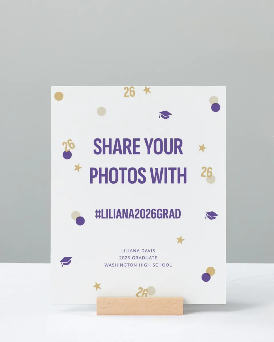 This is a 8" x 10" Let's Celebrate & Snap a Photo Grad Sign called Confetti Toss printed in full color with Gold foil