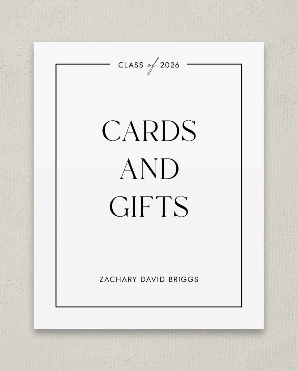 This is a 8" x 10" Cards & Gifts Grad Sign called Pure Frame printed in full color with Gold foil