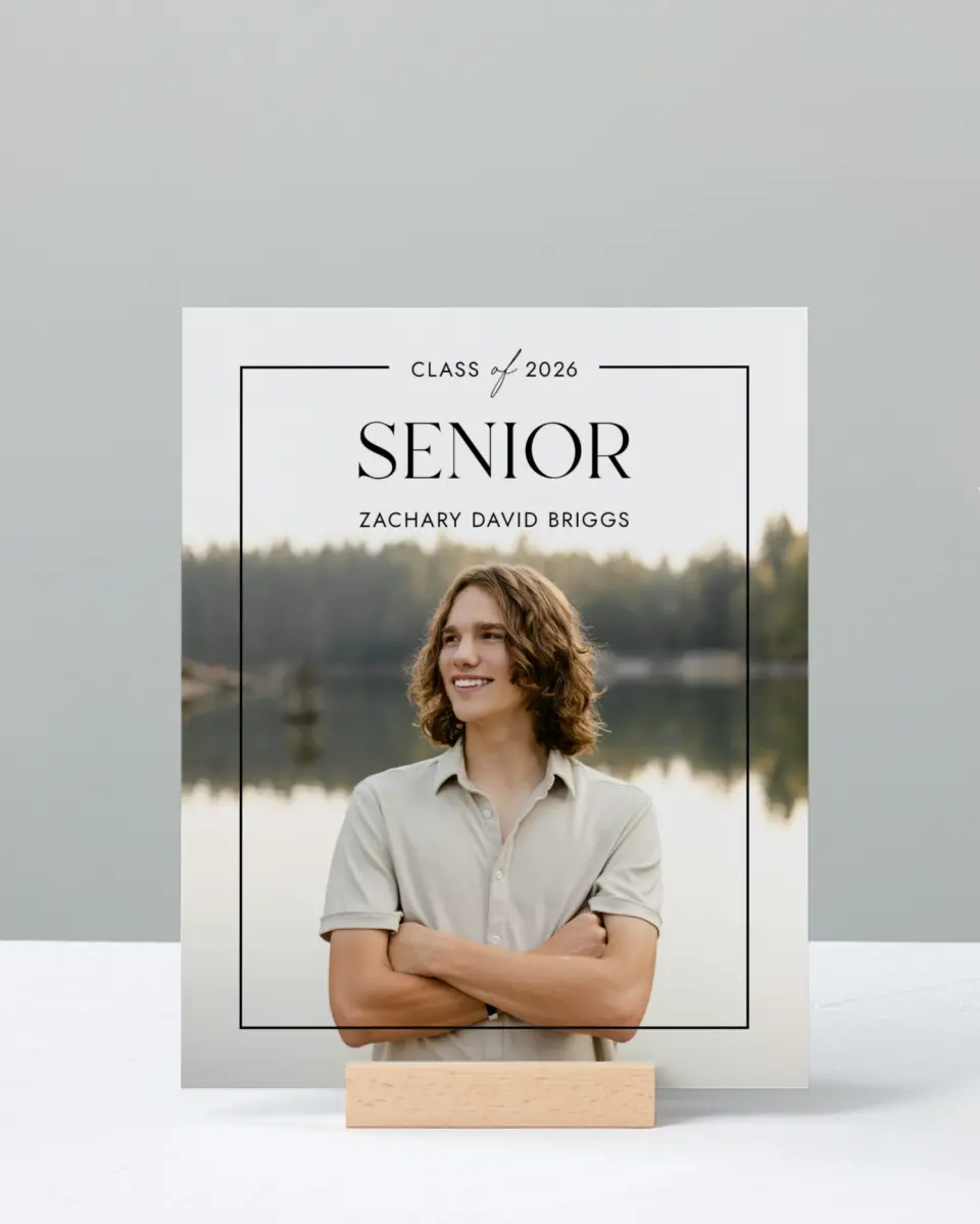 This is a 8" x 10" Photo Grad Sign called Pure Frame printed in full color with Rose Gold foil