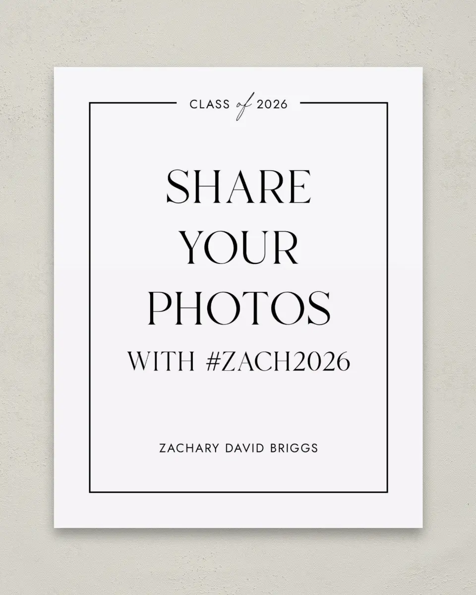 This is a 8" x 10" Let's Celebrate & Snap a Photo Grad Sign called Pure Frame printed in full color with Gold foil