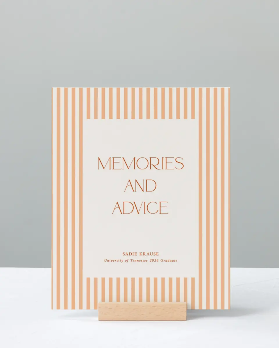 This is a 8" x 10" Memory & Advice Grad Sign called Senior Stripes printed in full color with Silver foil