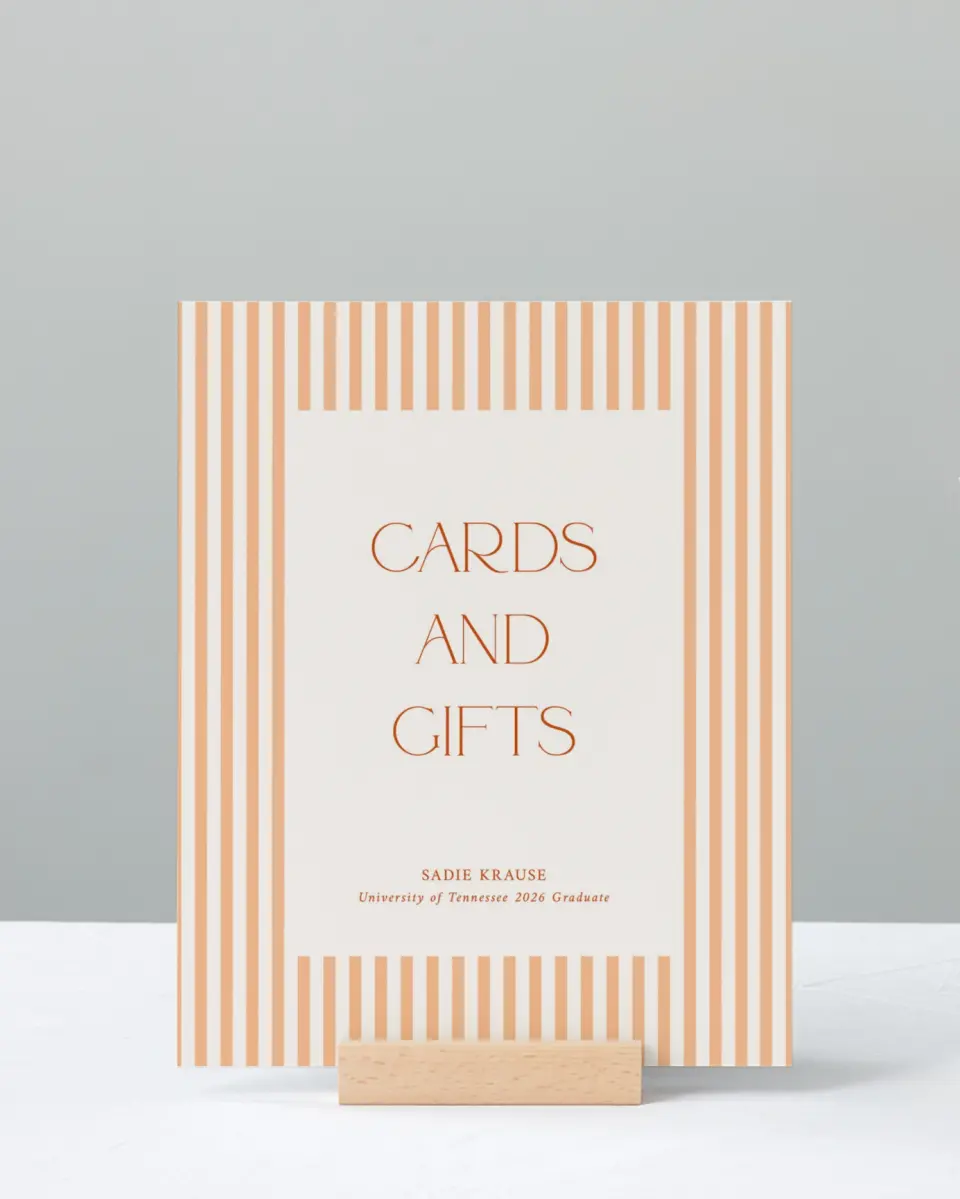 This is a 8" x 10" Cards & Gifts Grad Sign called Senior Stripes printed in full color with Gold foil