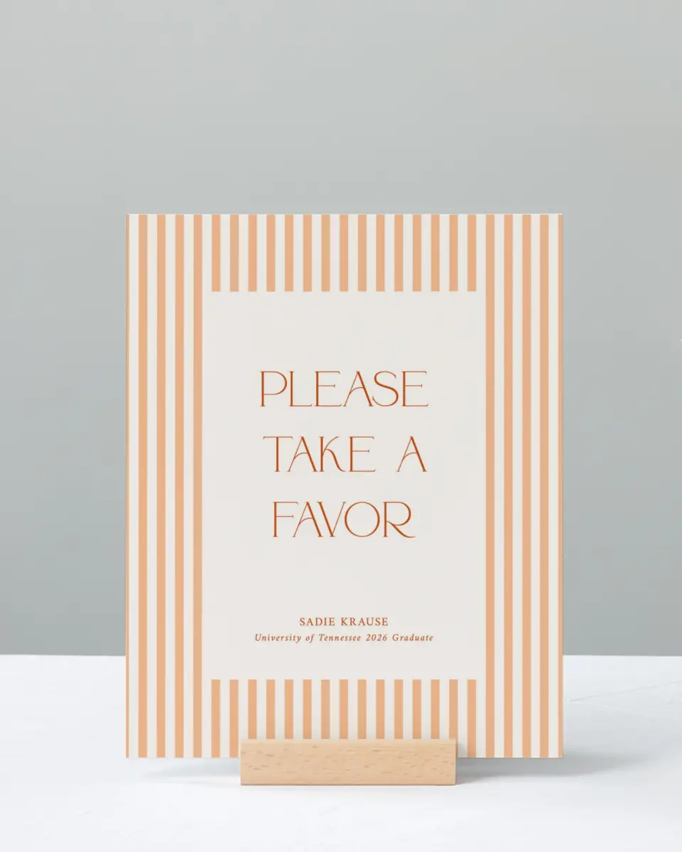 This is a 8" x 10" Take a Favor Grad Sign called Senior Stripes printed in full color with Silver foil
