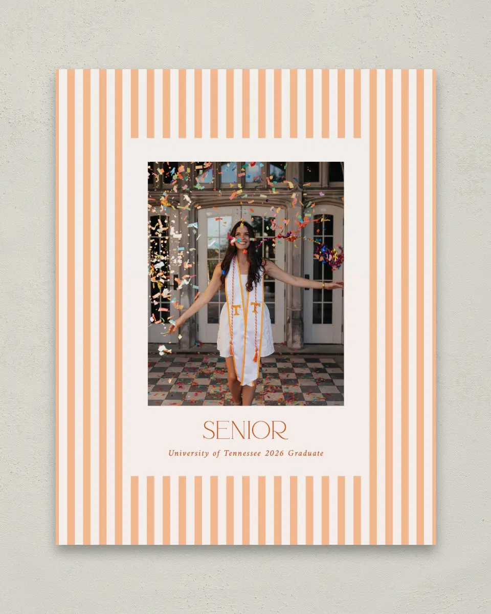 This is a 8" x 10" Photo Grad Sign called Senior Stripes printed in full color with Gold foil